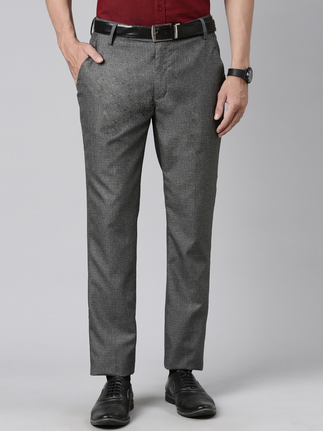 

THE SOUL PATROL Textured Smart Slim Fit Mid-Rise Cotton Trousers, Grey