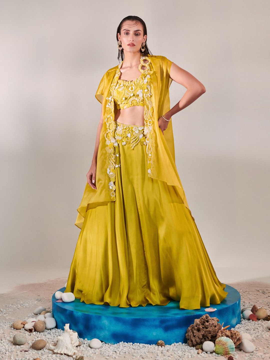 

ONE KNOT ONE Embellished Beads and Stones Made to Measure Lehenga With Blouse & Cape Set, Yellow