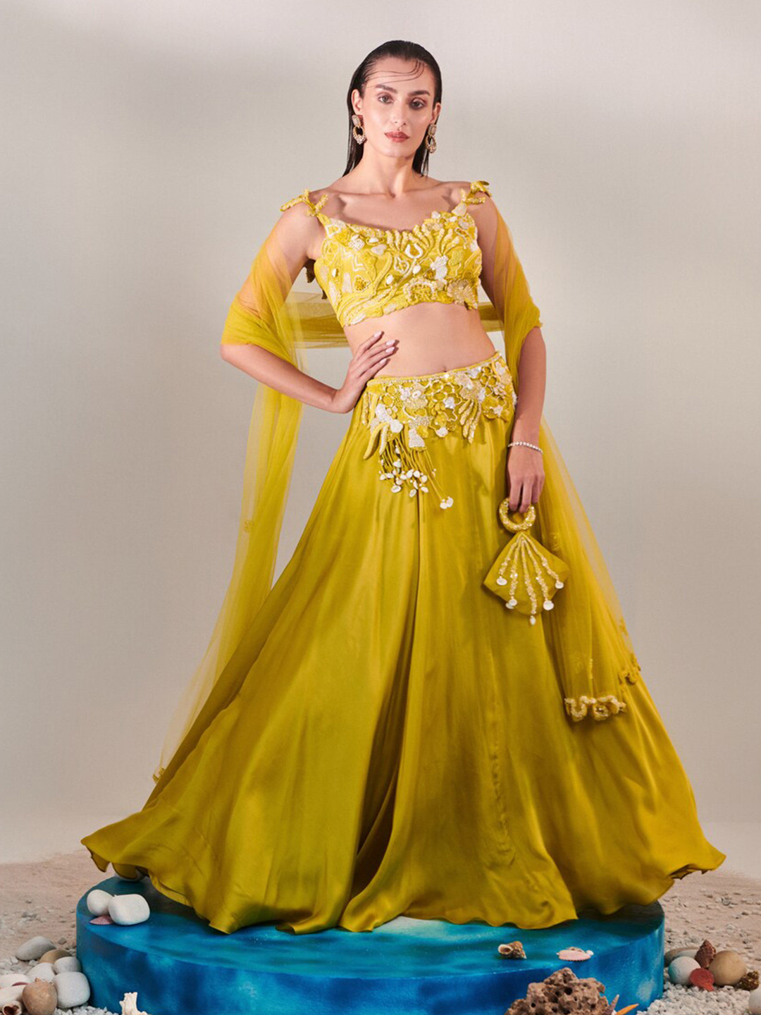 

ONE KNOT ONE Embroidered Made to Measure Lehenga & Blouse With Dupatta, Yellow