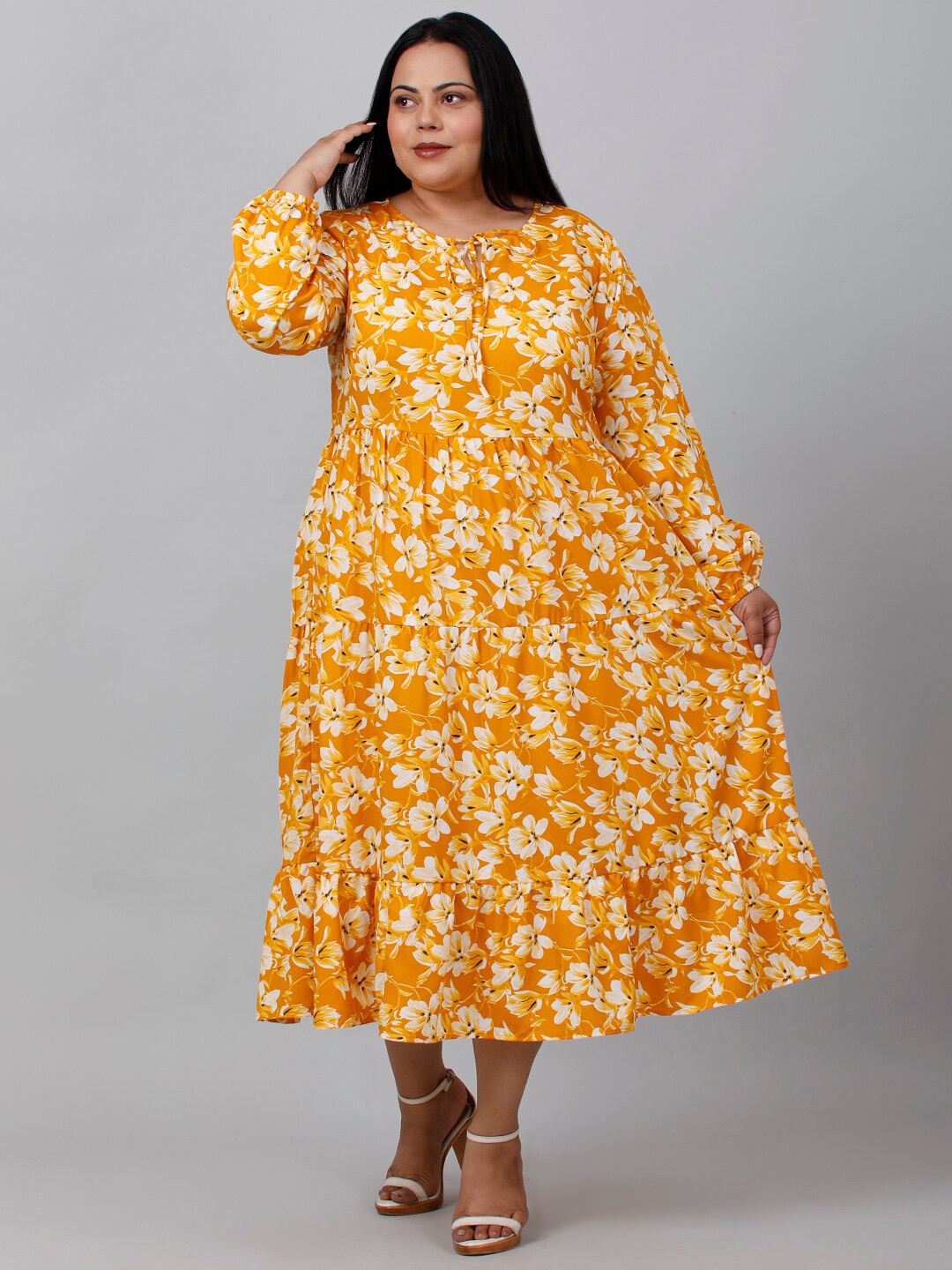 

sindrellastorie Plus Size Floral Printed Tie-Up Neck Crepe A-Line Midi Dress, Yellow