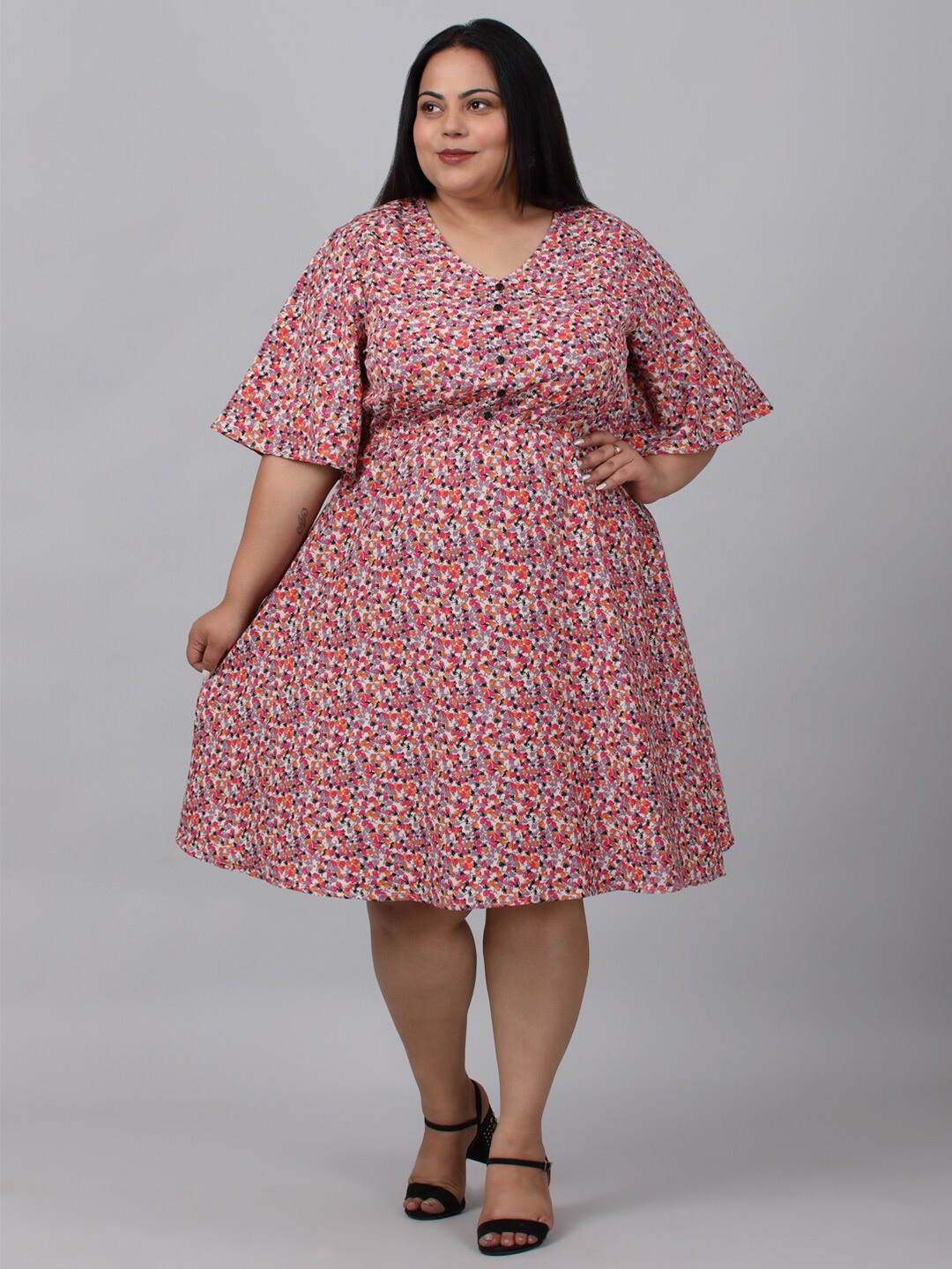 

sindrellastorie V Neck Flared Sleeves Floral Print Crepe A-Line Plus Size Dress, Pink