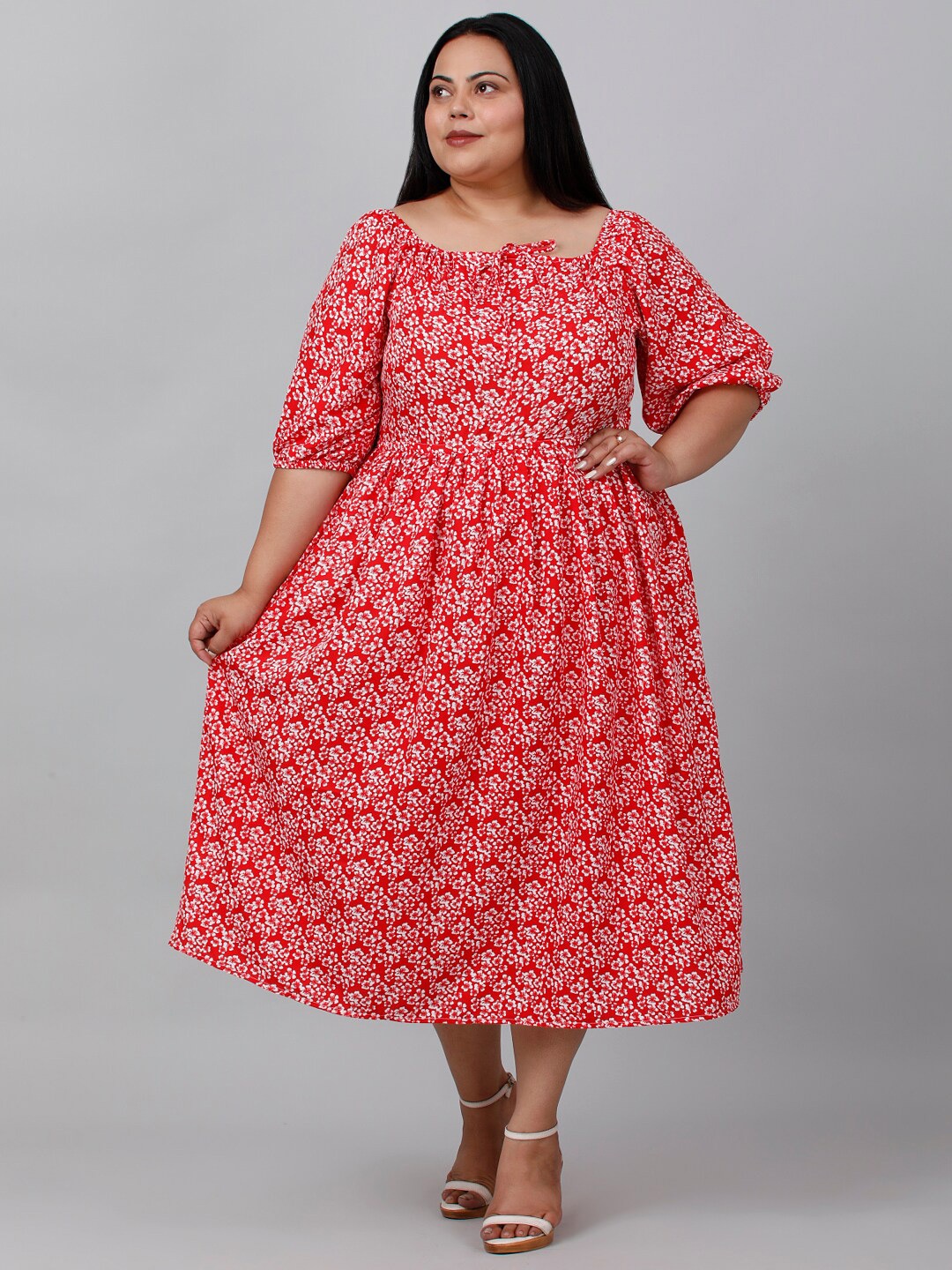 

sindrellastorie Plus Size Square Neck Floral Printed Crepe A-Line Dress, Red