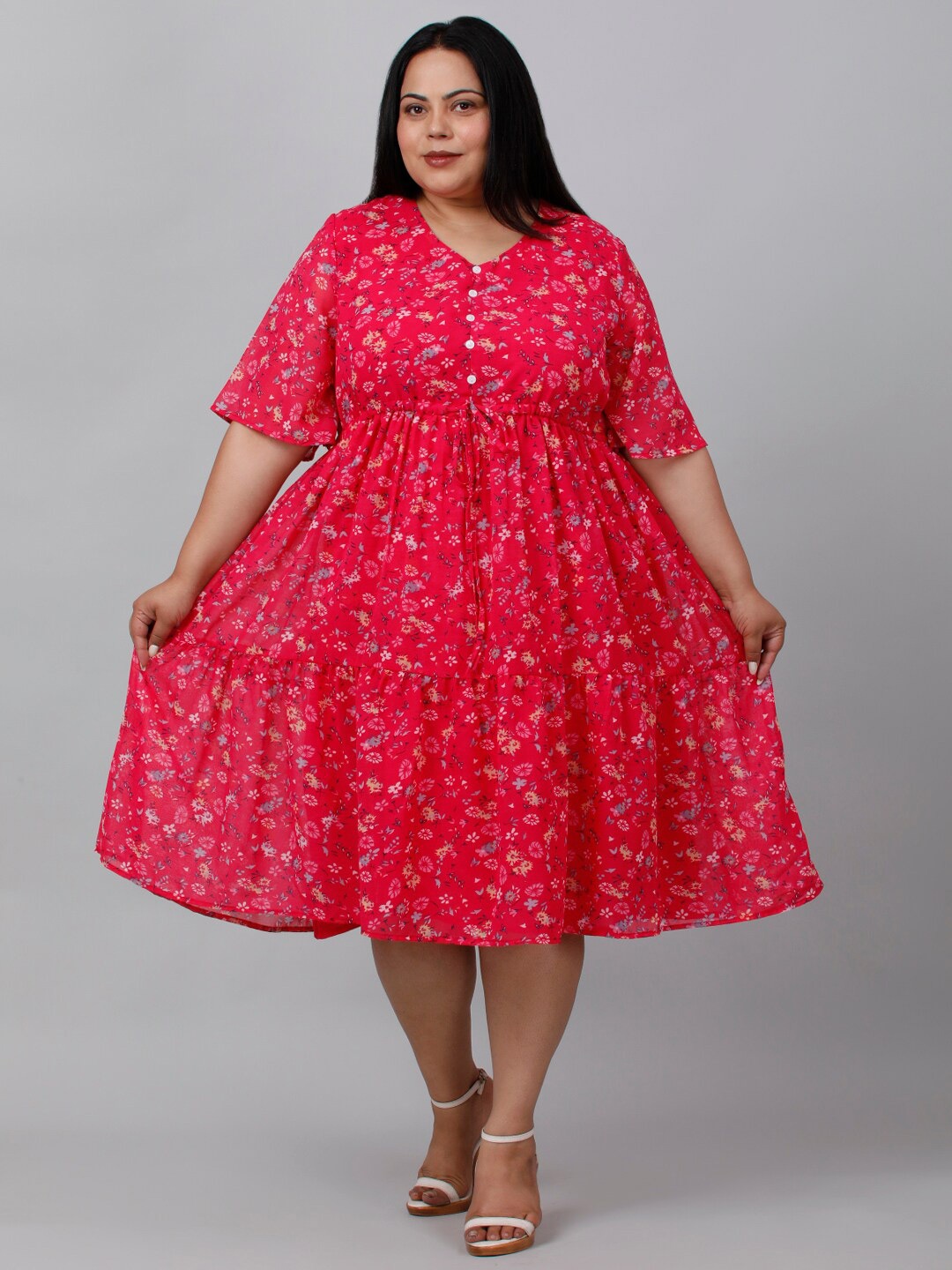 

sindrellastorie Plus Size V Neck Floral Printed Crepe A-Line Midi Dress, Magenta