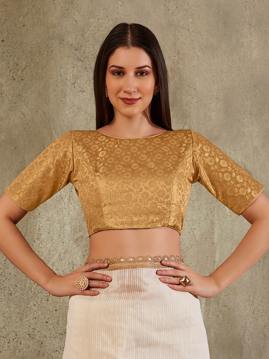 

SALWAR STUDIO Floral Woven-Design Boat Neck Brocade Saree Blouse, Beige