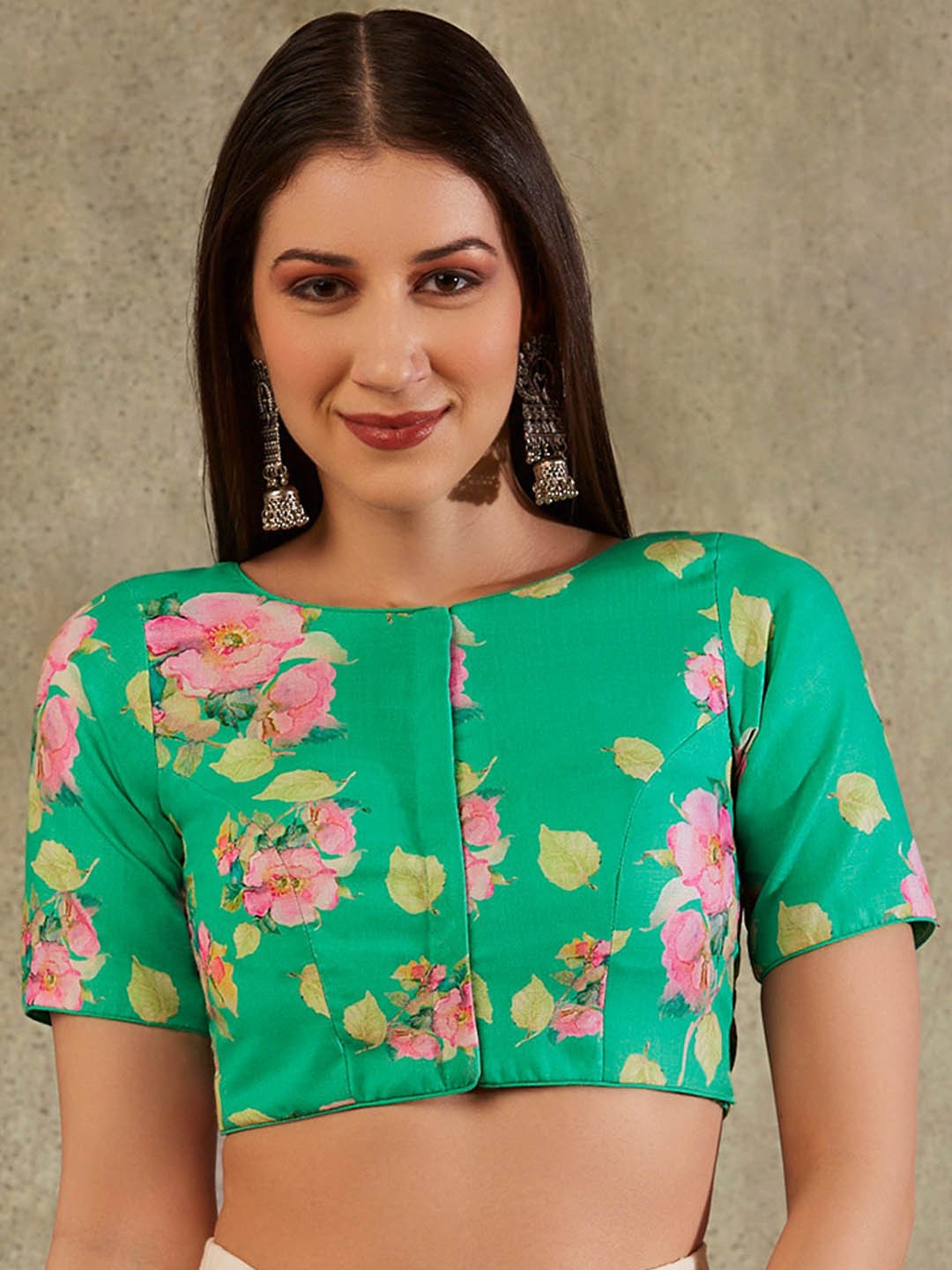 

SALWAR STUDIO Floral Printed Boat Neck Cotton Saree Blouse, Green