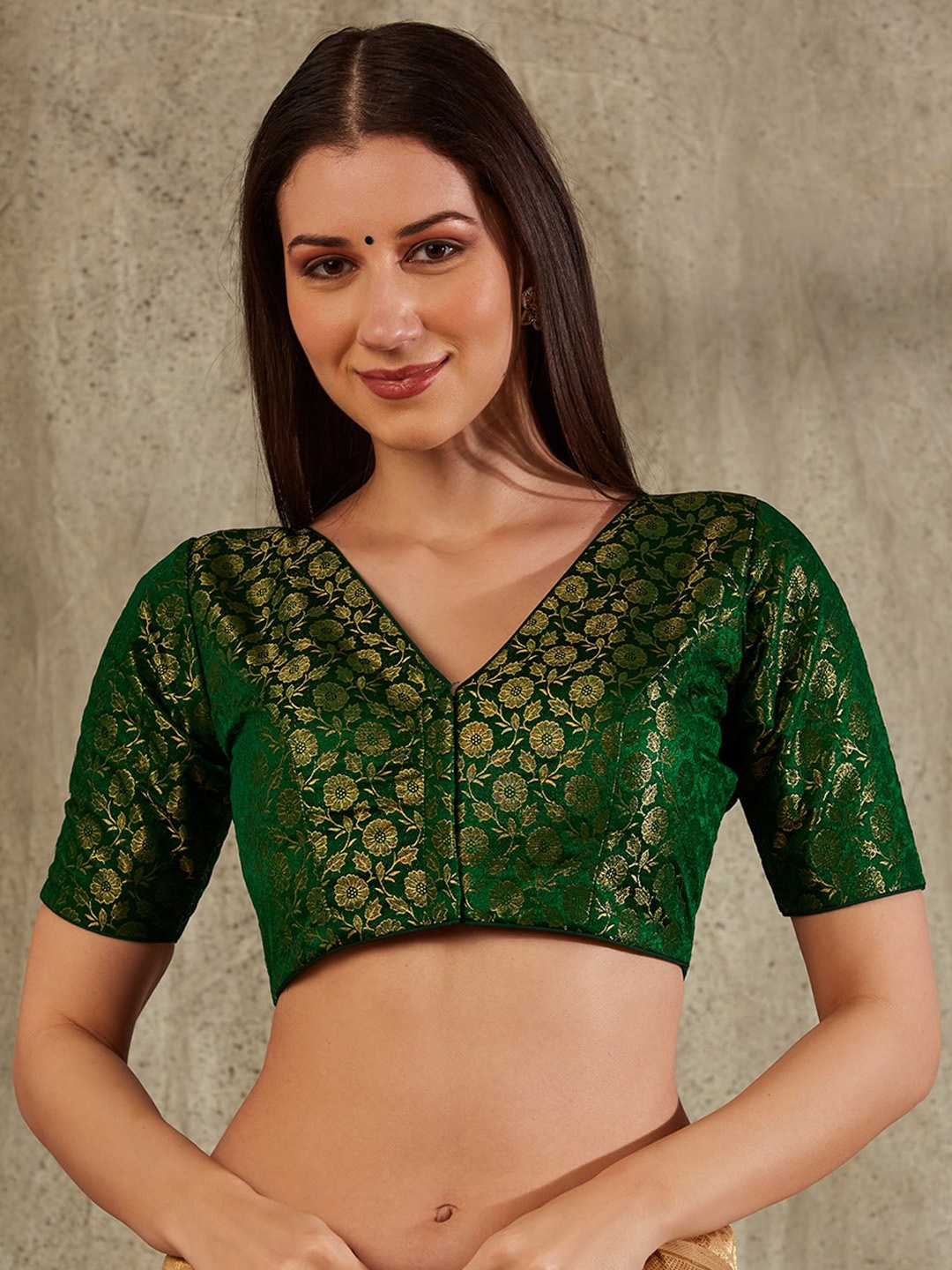 

SALWAR STUDIO Floral Woven-Design Brocade Saree Blouse, Green