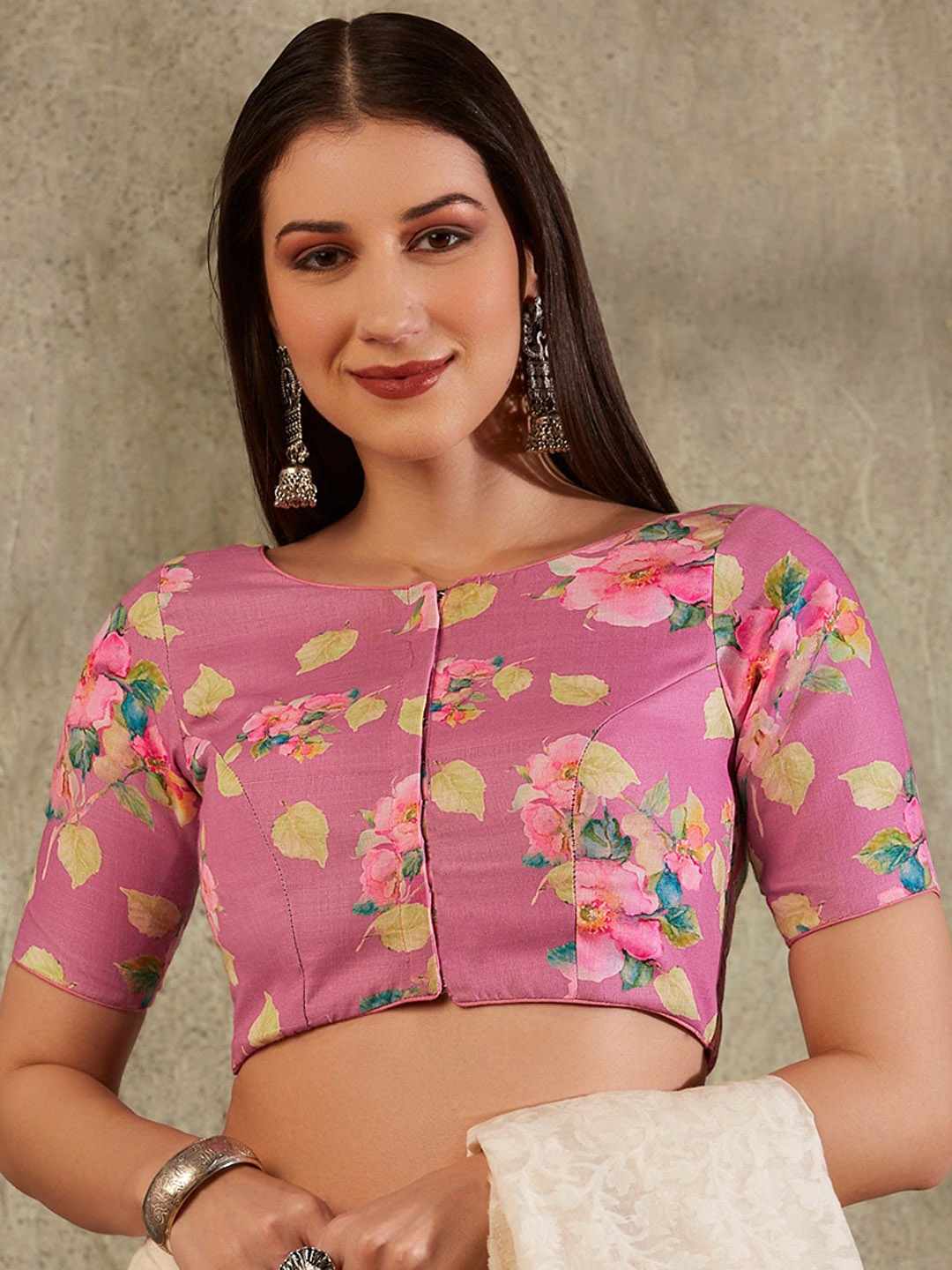 

SALWAR STUDIO Floral Printed Cotton Saree Blouse, Pink