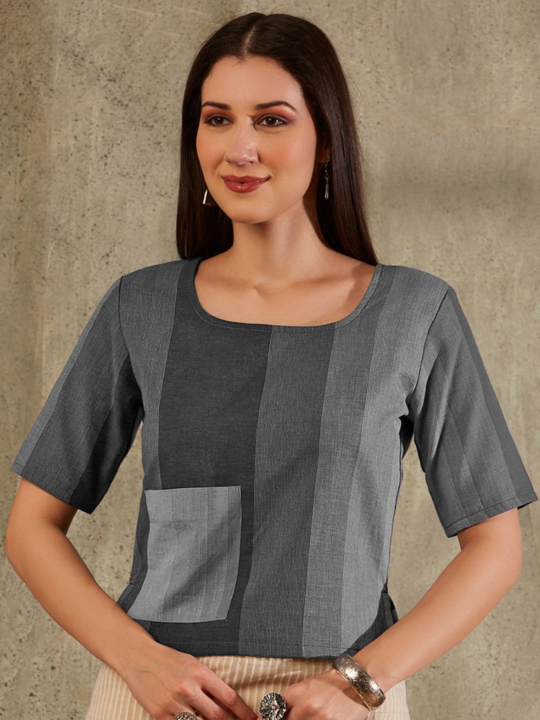 

SALWAR STUDIO Round Neck Cotton Saree Blouse, Grey