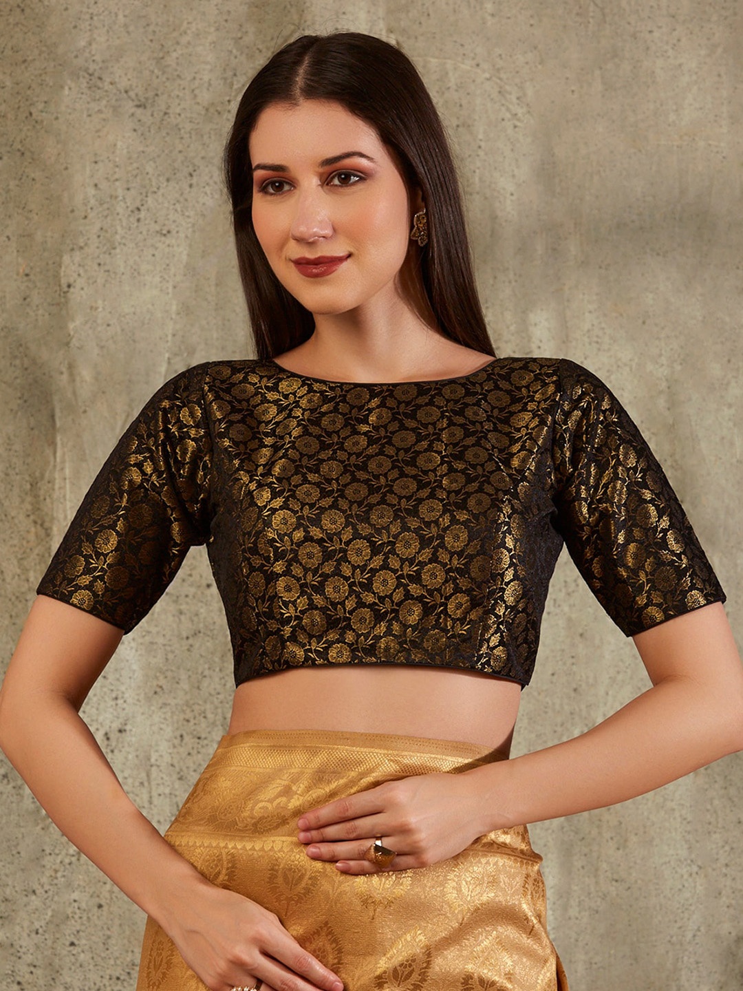

SALWAR STUDIO Floral Woven Design Boat Neck Brocade Saree Blouse, Black