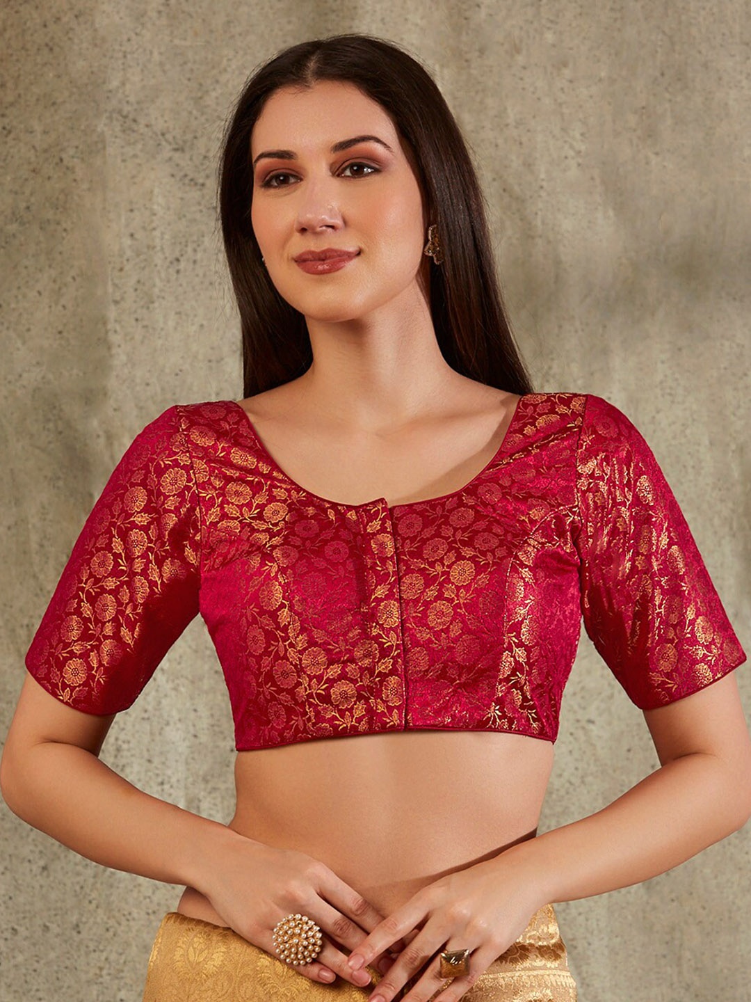 

SALWAR STUDIO Floral Woven-Design Brocade Saree Blouse, Maroon