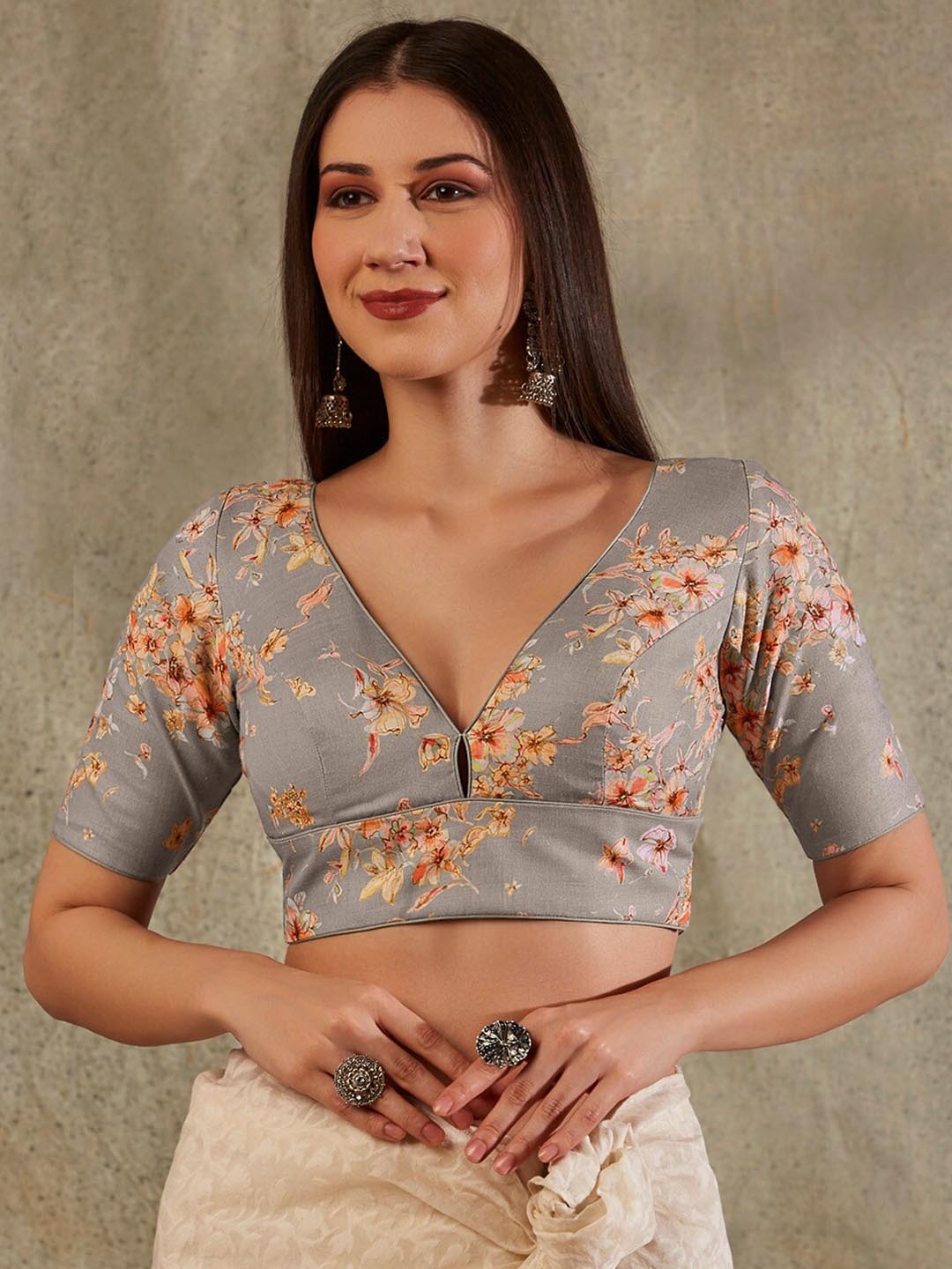 

SALWAR STUDIO Floral Printed Cotton Saree Blouse, Beige