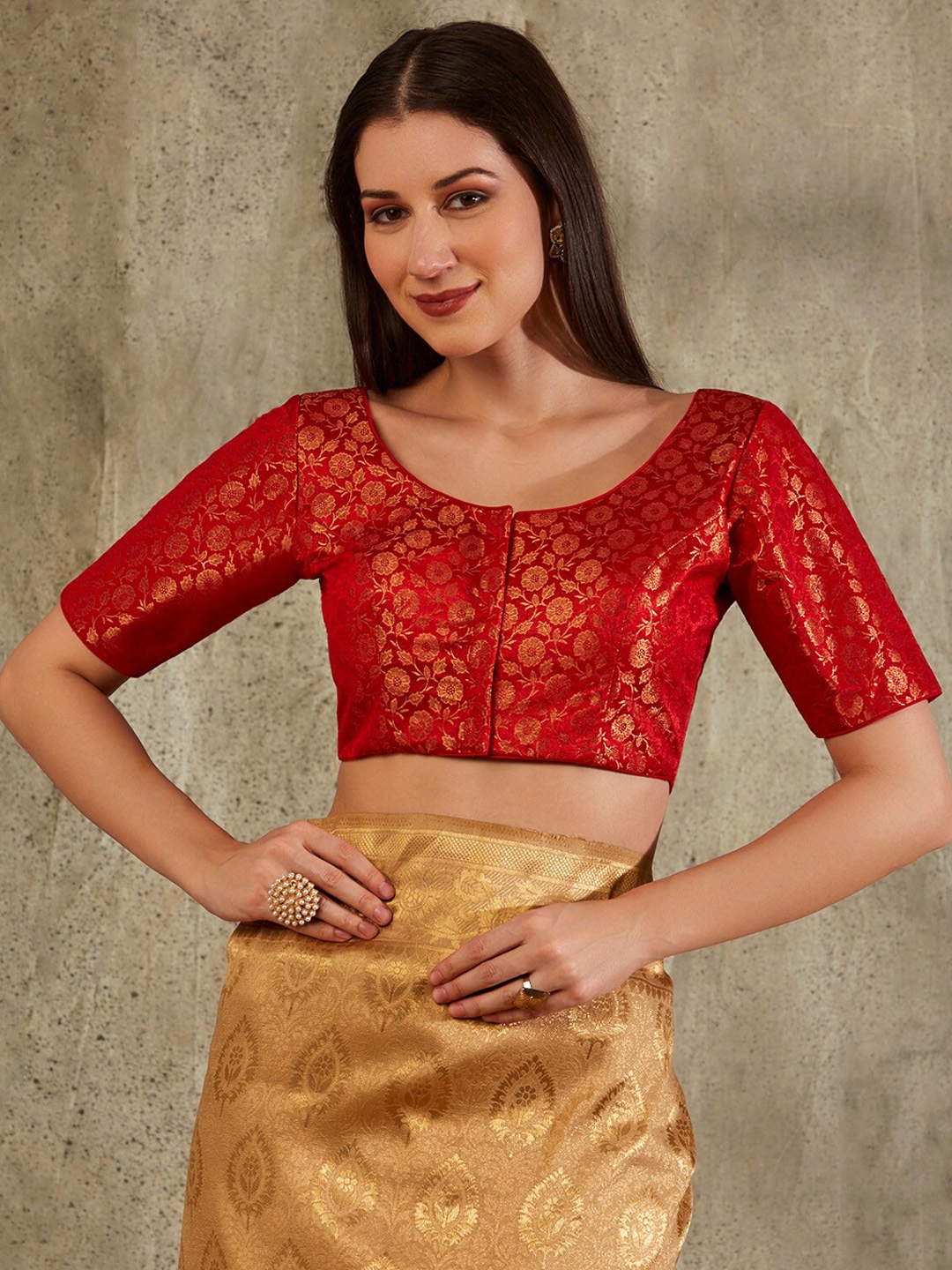 

SALWAR STUDIO Floral Woven-Design Brocade Saree Blouse, Red