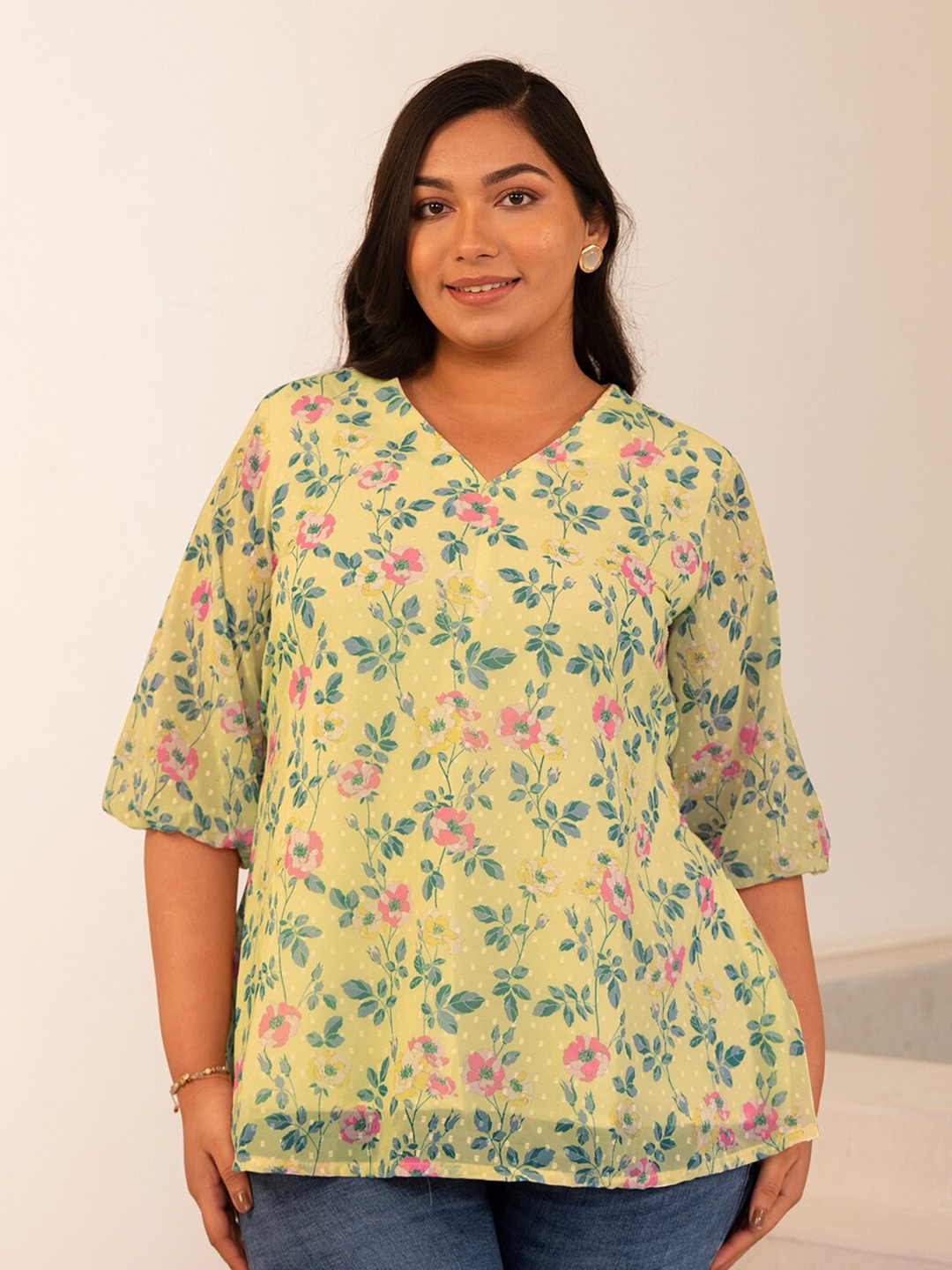 Janasya Yellow Floral Printed V-Neck Top