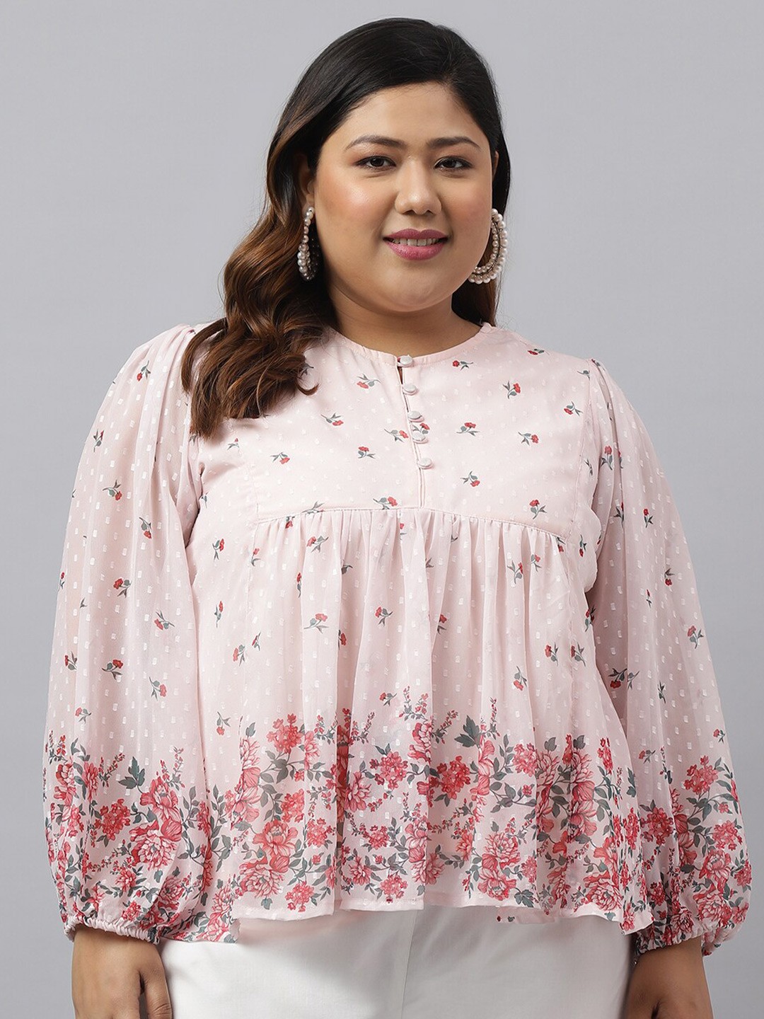 

Janasya Plus Size Floral Print Puff Sleeve A-Line Georgette Top, Peach