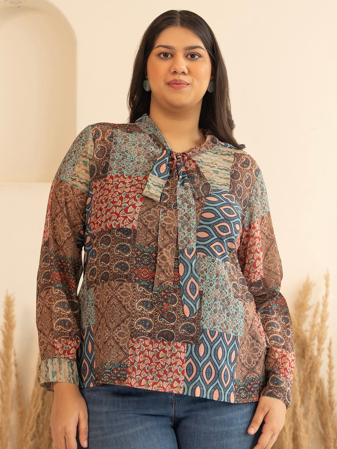 

Janasya Plus Size Ethnic Motifs Print Tie-Up Neck Georgette Regular Top, Brown