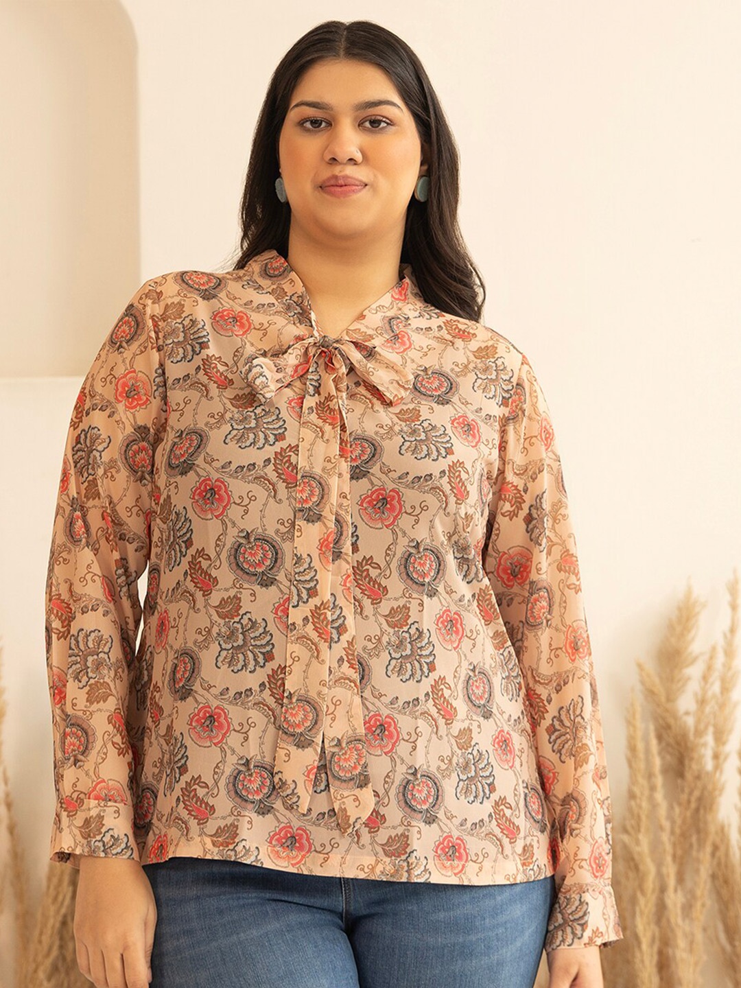

Janasya Peach Floral Printed Tie-Up Neck Cuffed Sleeves Top