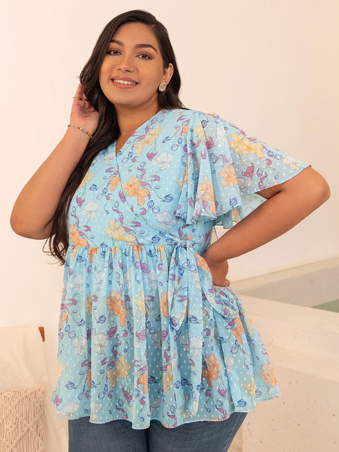

Janasya Plus Size Floral Print Flared Sleeve Georgette Empire Top, Blue
