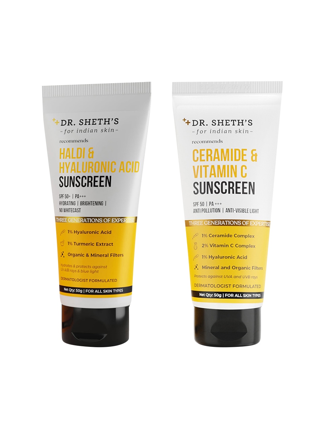 

DR. SHETHS Haldi & Hyaluronic Acid Hydrating Sunscreen + Ceramide & Vitamin C Sunscreen, White