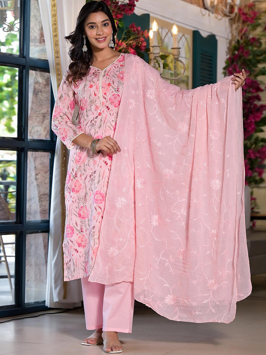 

Peachmode Floral Printed Regular Thread Work Pure Cotton Kurta with Trousers & Dupatta, Pink
