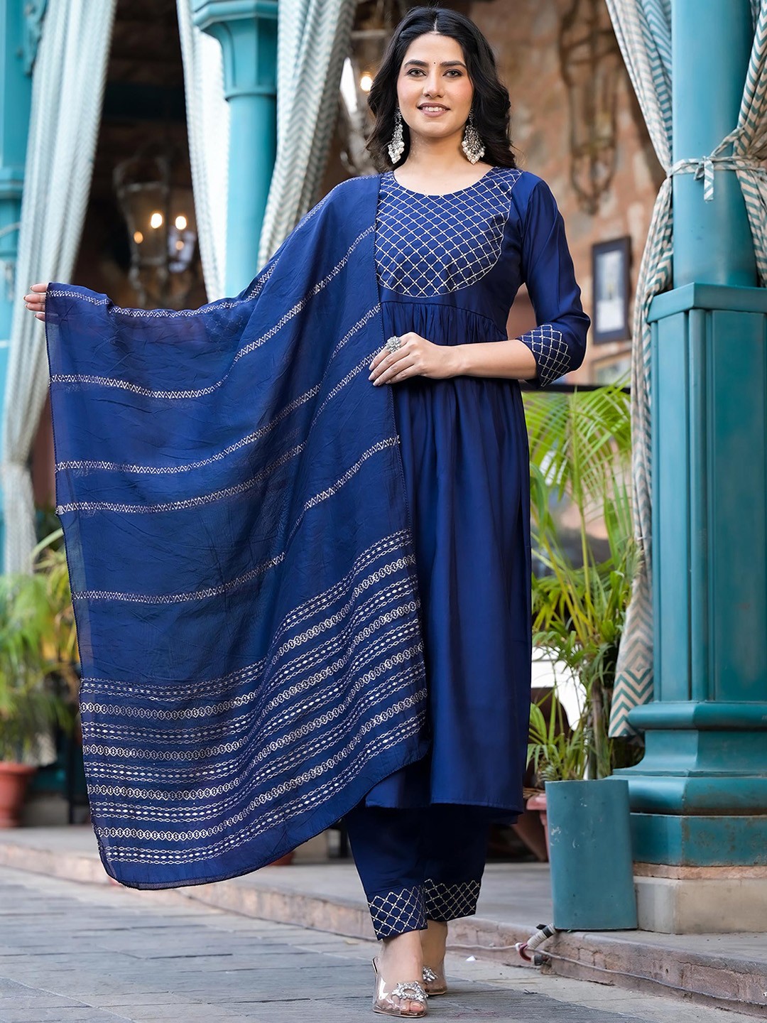 

Peachmode Round Neck Floral Embroidered Pleated Pure Cotton Kurta with Trouser & Dupatta, Navy blue