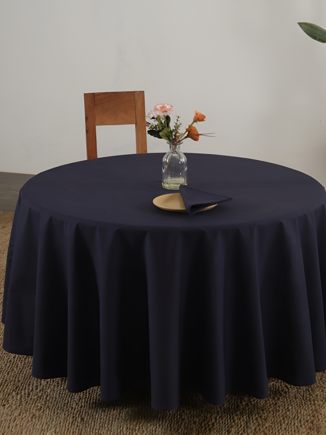 

HANDICRAFT PALACE Navy Blue Cotton Round 4-Seater Table Cover With Napkin Set