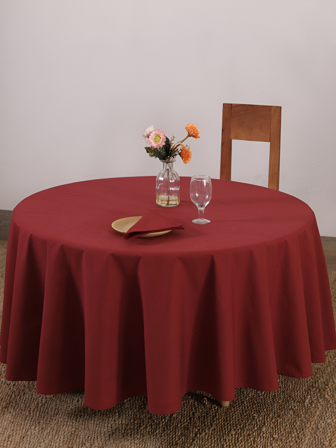 

HANDICRAFT PALACE Maroon Cotton Round 4-Seater Table Cover With Napkin Set