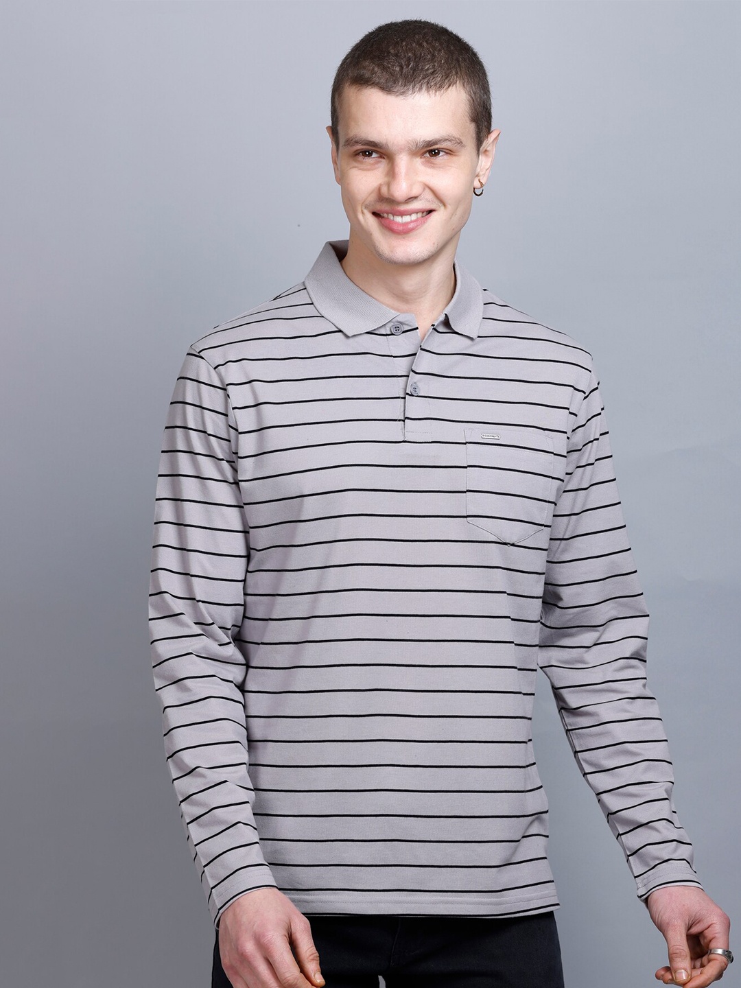 

GODFREY Striped Polo Collar Cotton T-shirt, Grey