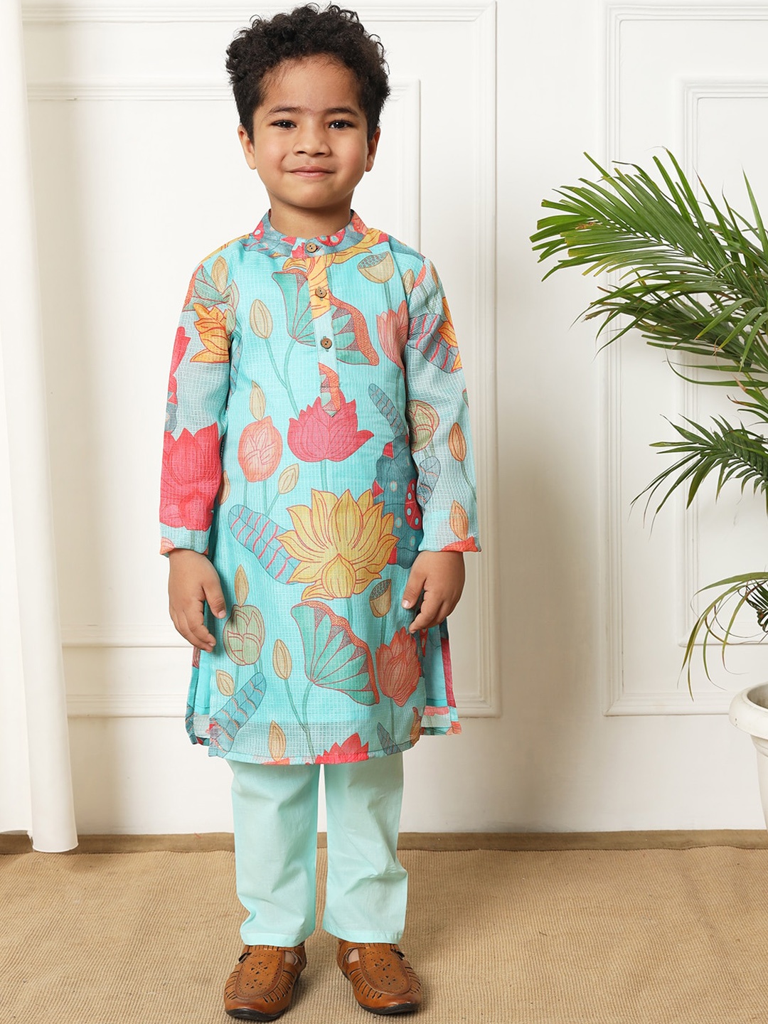 Readiprint Boys Floral Printed Regular Pure Cotton Kurta with Pyjamas, Blue