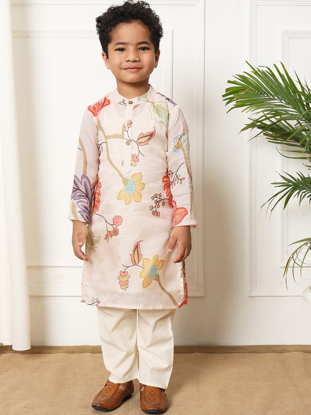 

Readiprint Boys Floral Printed Regular Pure Cotton Kurta with Pyjamas, Beige