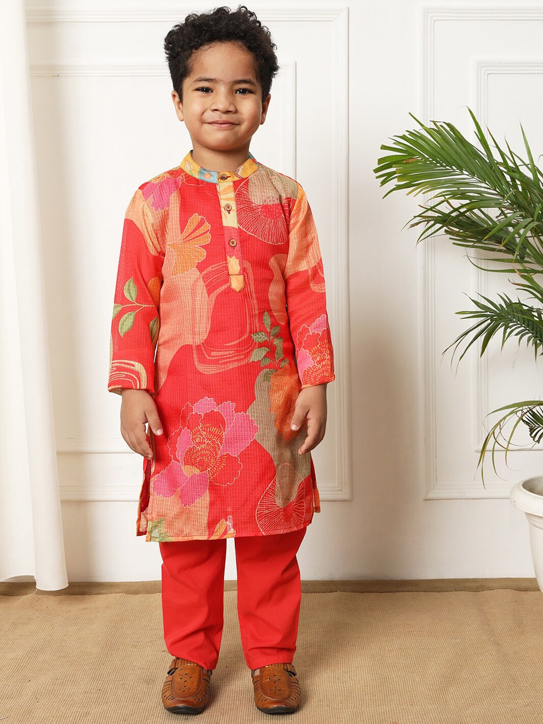Readiprint Boys Floral Printed Regular Pure Cotton Kurta with Pyjamas, Red
