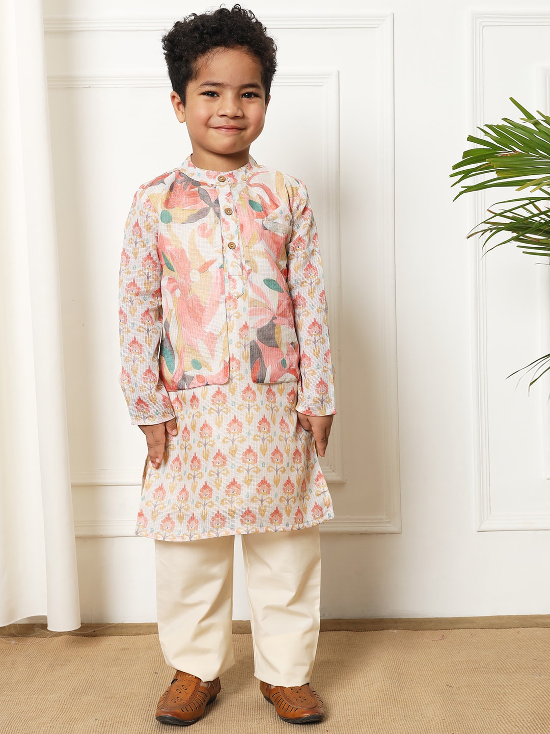 

Readiprint Boys Floral Printed Regular Pure Cotton Kurta with Pyjamas, Beige