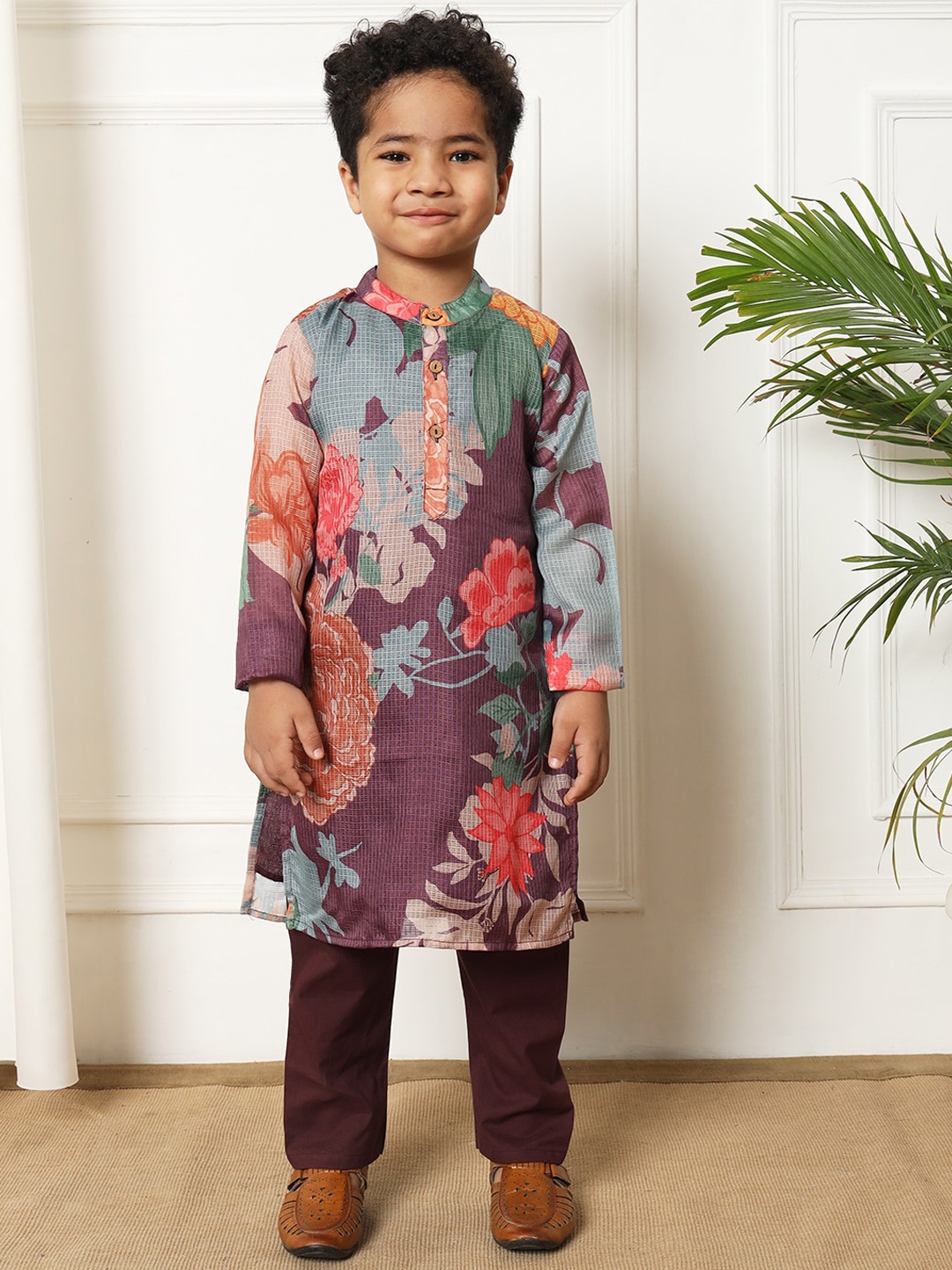 Readiprint Boys Floral Printed Regular Pure Cotton Kurta with Pyjamas, Violet