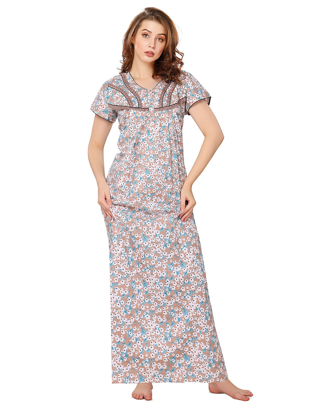 

Soulemo Floral Printed Pure Cotton Maxi Nightdress, Brown