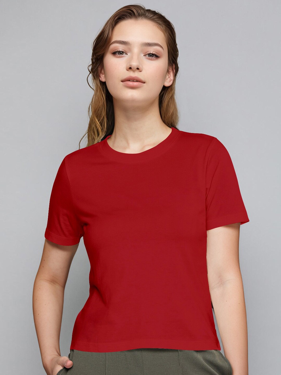 

Huetrap Round Neck Short Sleeves Slim Fit Cotton T-shirt, Red
