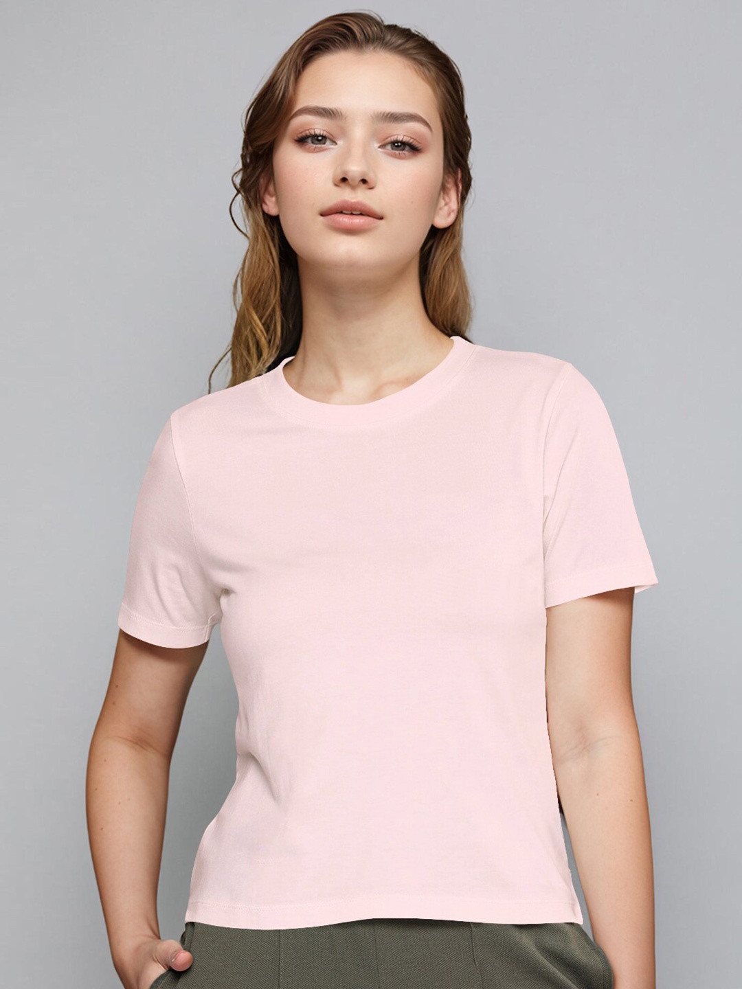 

Huetrap Round Neck Slim Fit Pure Cotton T-shirt, Pink
