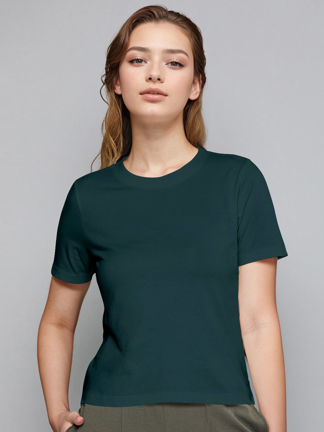 

Huetrap Round Neck Short Sleeves Slim Fit Cotton T-shirt, Teal