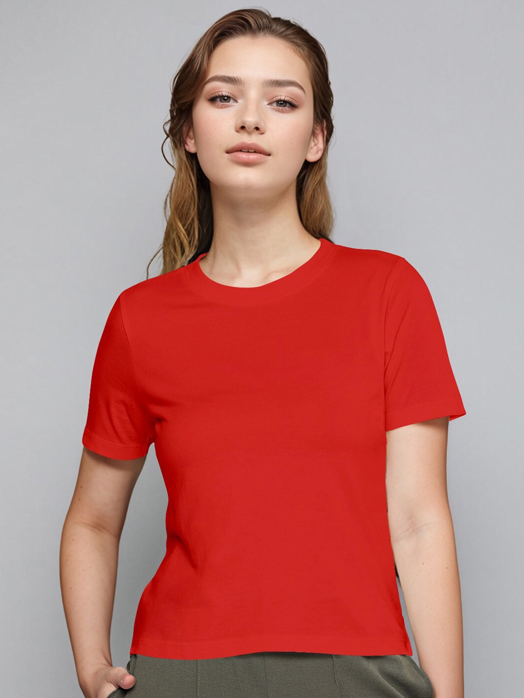 

Huetrap Round Neck Short Sleeves Slim Fit Cotton T-shirt, Red