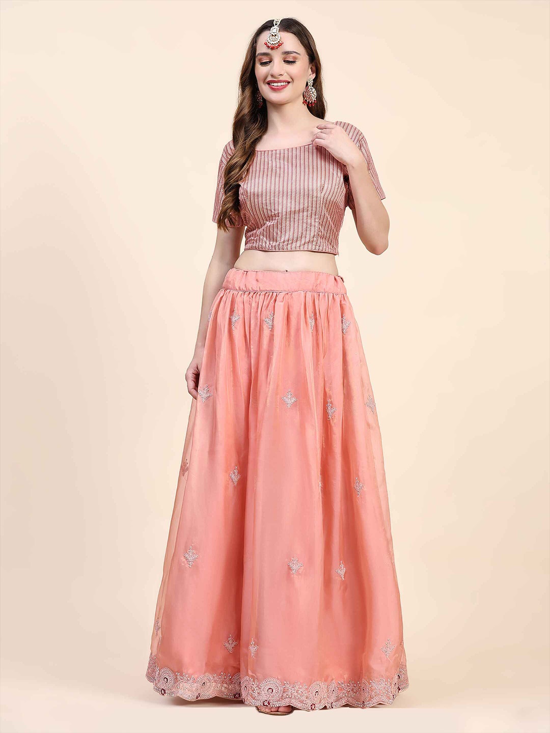 

AMOHA TRENDZ Embroidered Beads and Stones Ready to Wear Lehenga Choli With Dupatta & Cape, Peach