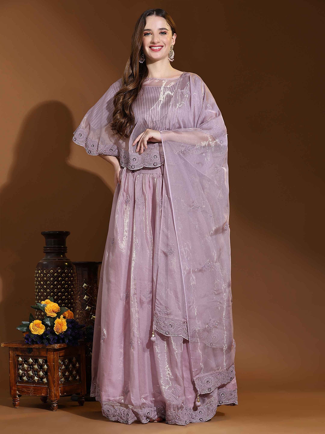 

AMOHA TRENDZ Embroidered Beads and Stones Ready to Wear Lehenga Choli With Dupatta & Cape, Purple