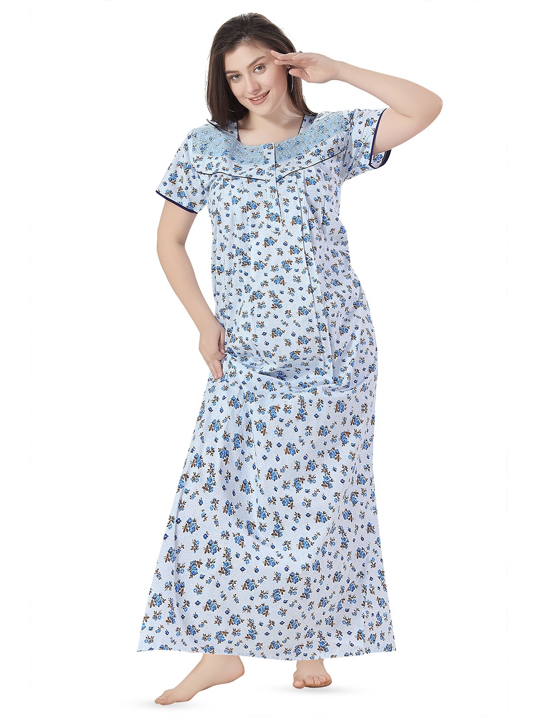 

Soulemo Floral Printed Pure Cotton Maxi Nightdress, Blue