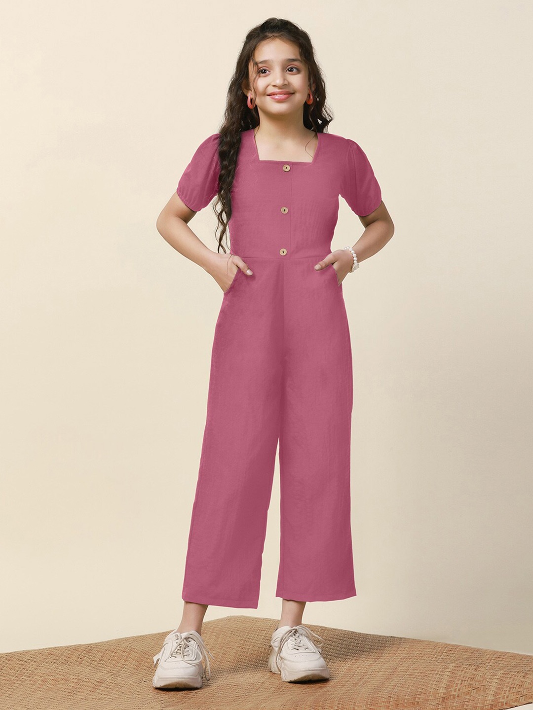 

FASHION DREAM Girls Square Neck Basic Jumpsuit, Pink