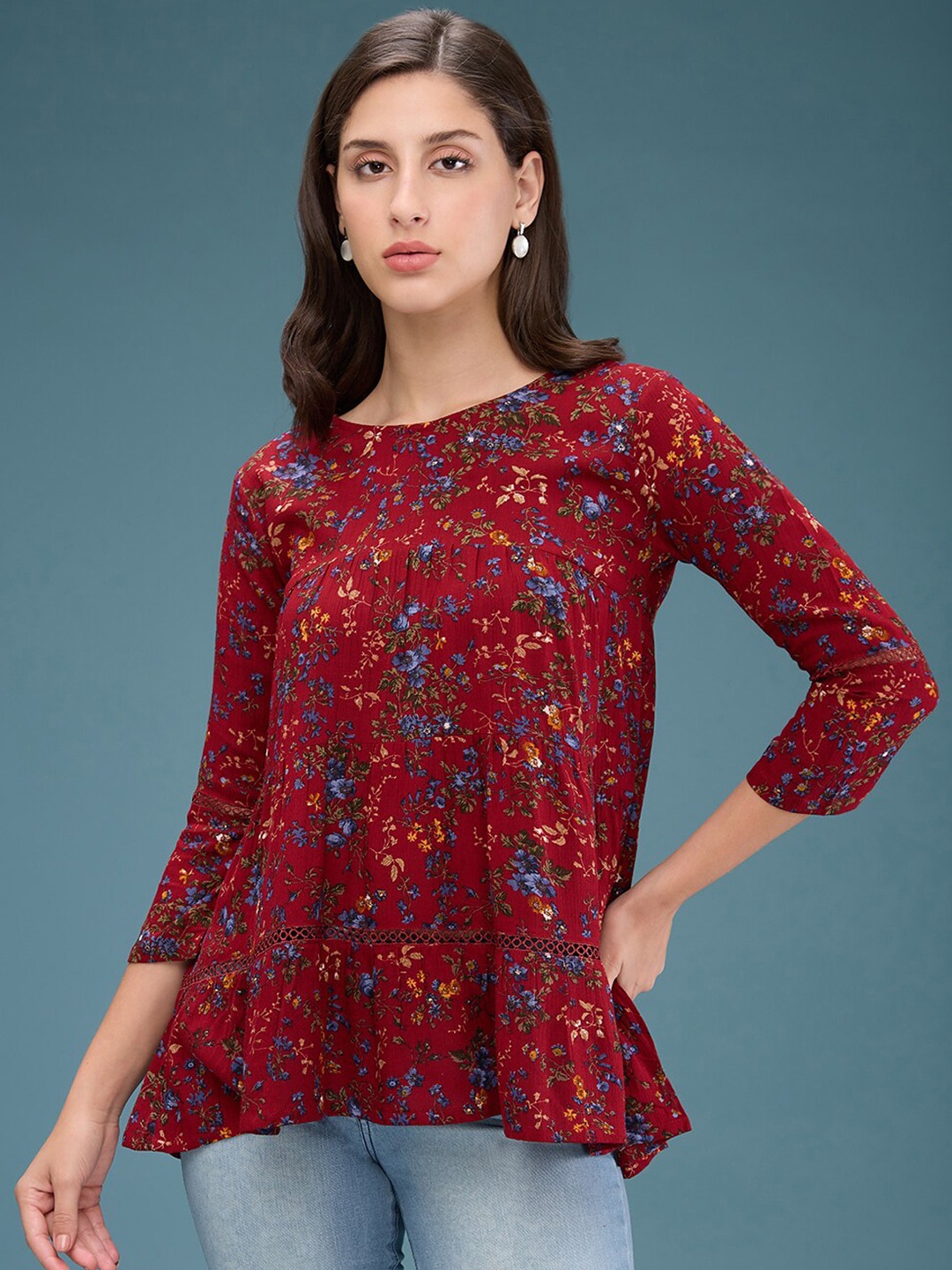 

DressBerry Floral Printed Round Neck Three-Quarter Sleeves Top, Red