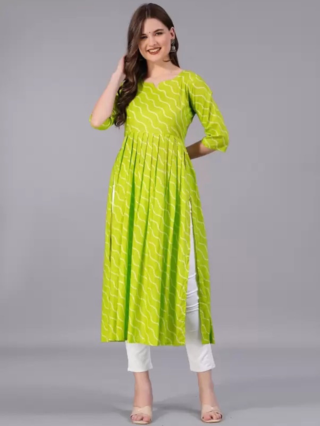 

Dress21 Bandhani Printed Pleated Cotton A-Line Kurta, Lime green