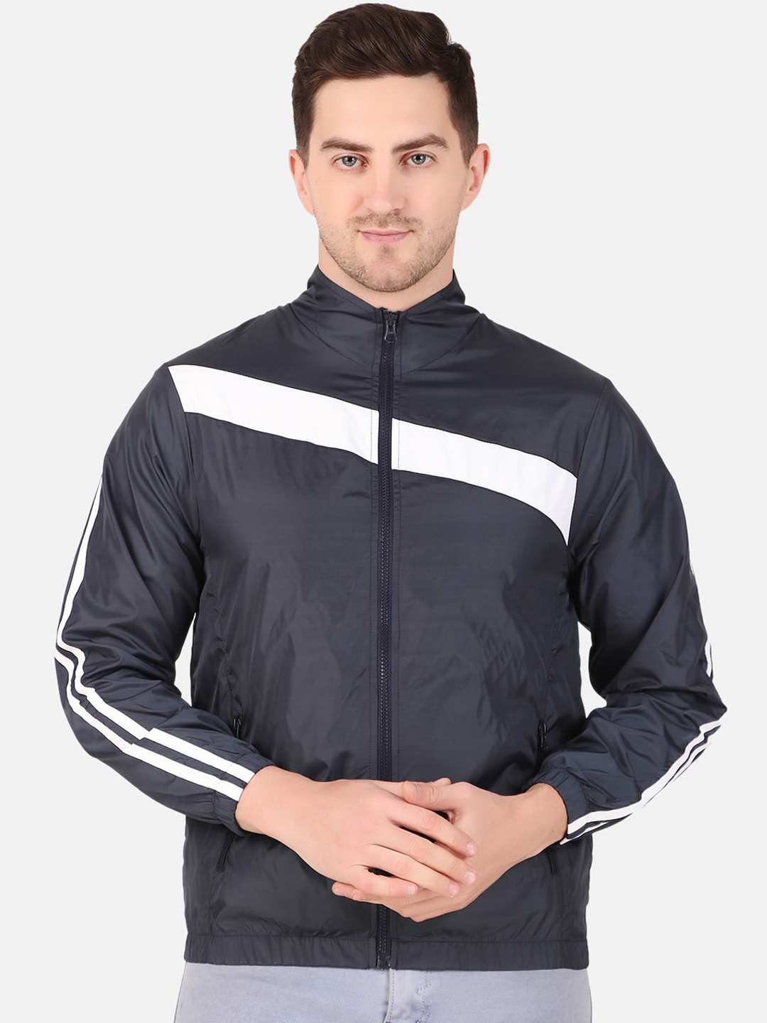 

WELL QUALITY Striped Mock Collar Windcheater Sporty Jacket, Navy blue