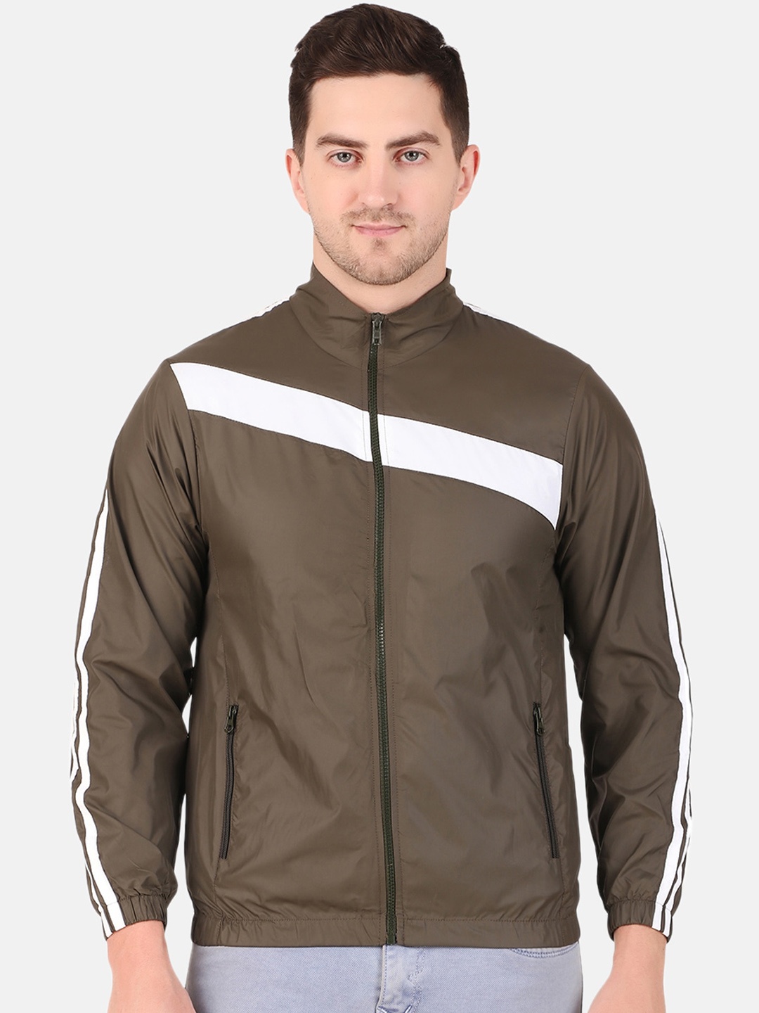 

WELL QUALITY Striped Mock Collar Windcheater Sporty Jacket, Olive