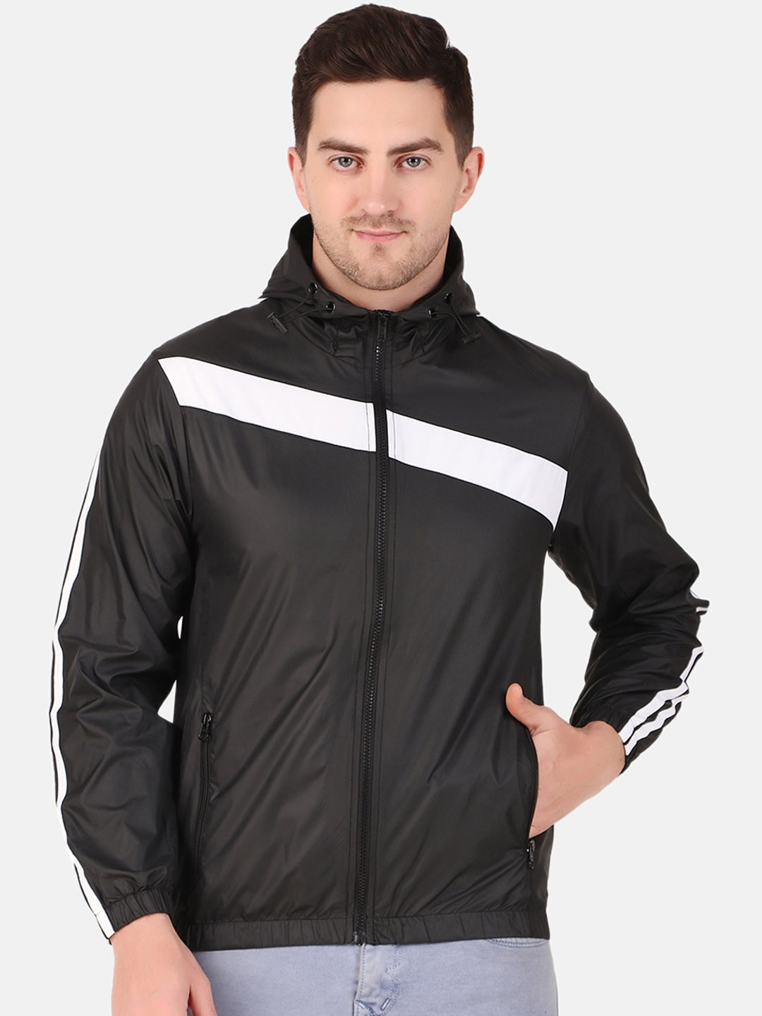 

WELL QUALITY Striped Hooded Windcheater Sporty Jacket, Black