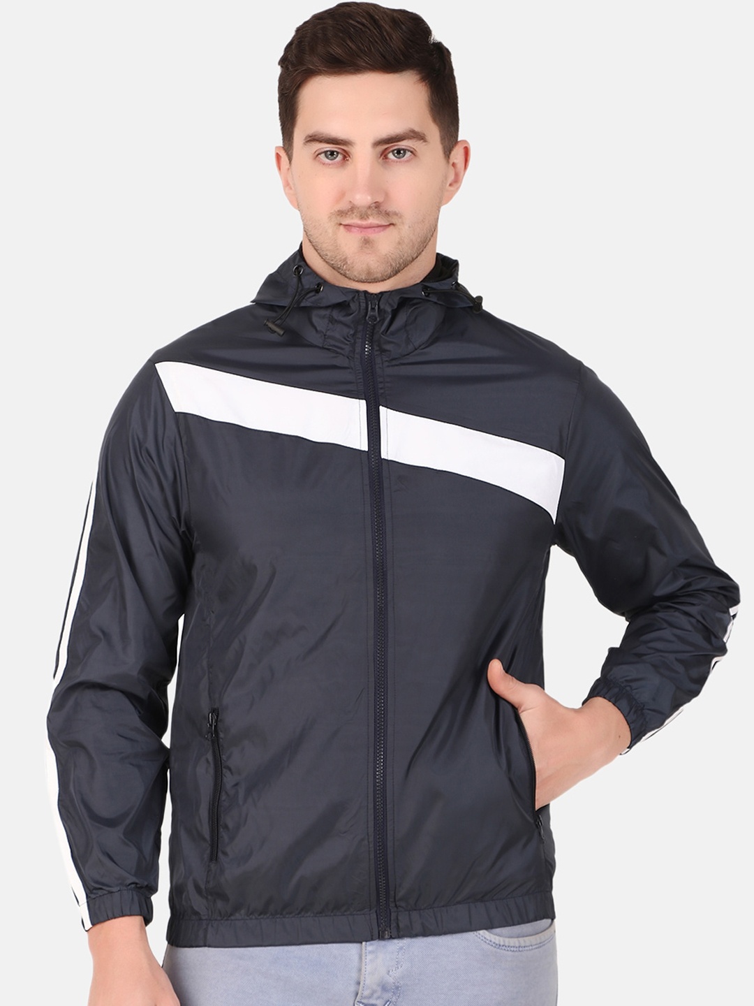

WELL QUALITY Striped Mock Collar Windcheater Sporty Jacket, Navy blue
