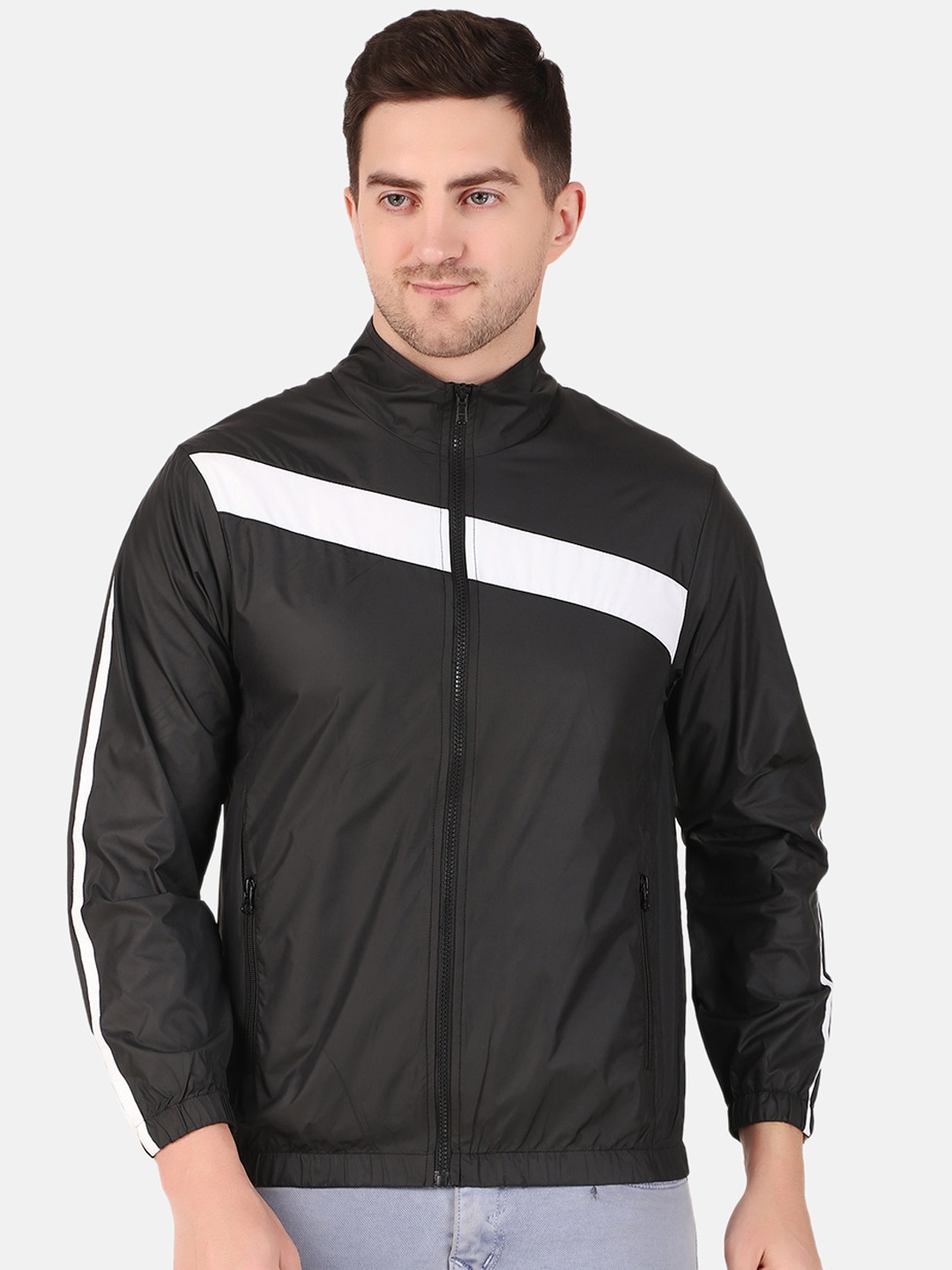 

WELL QUALITY Striped Mock Collar Windcheater Sporty Jacket, Black