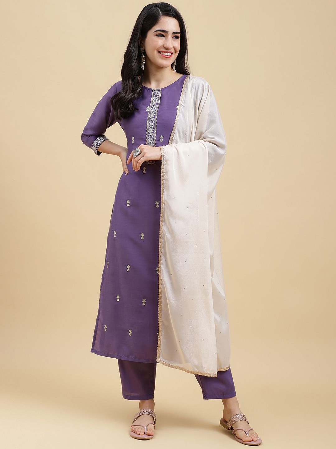 

HERE&NOW Floral Embroidered A-Line Kurta With Trousers & Dupatta, Purple