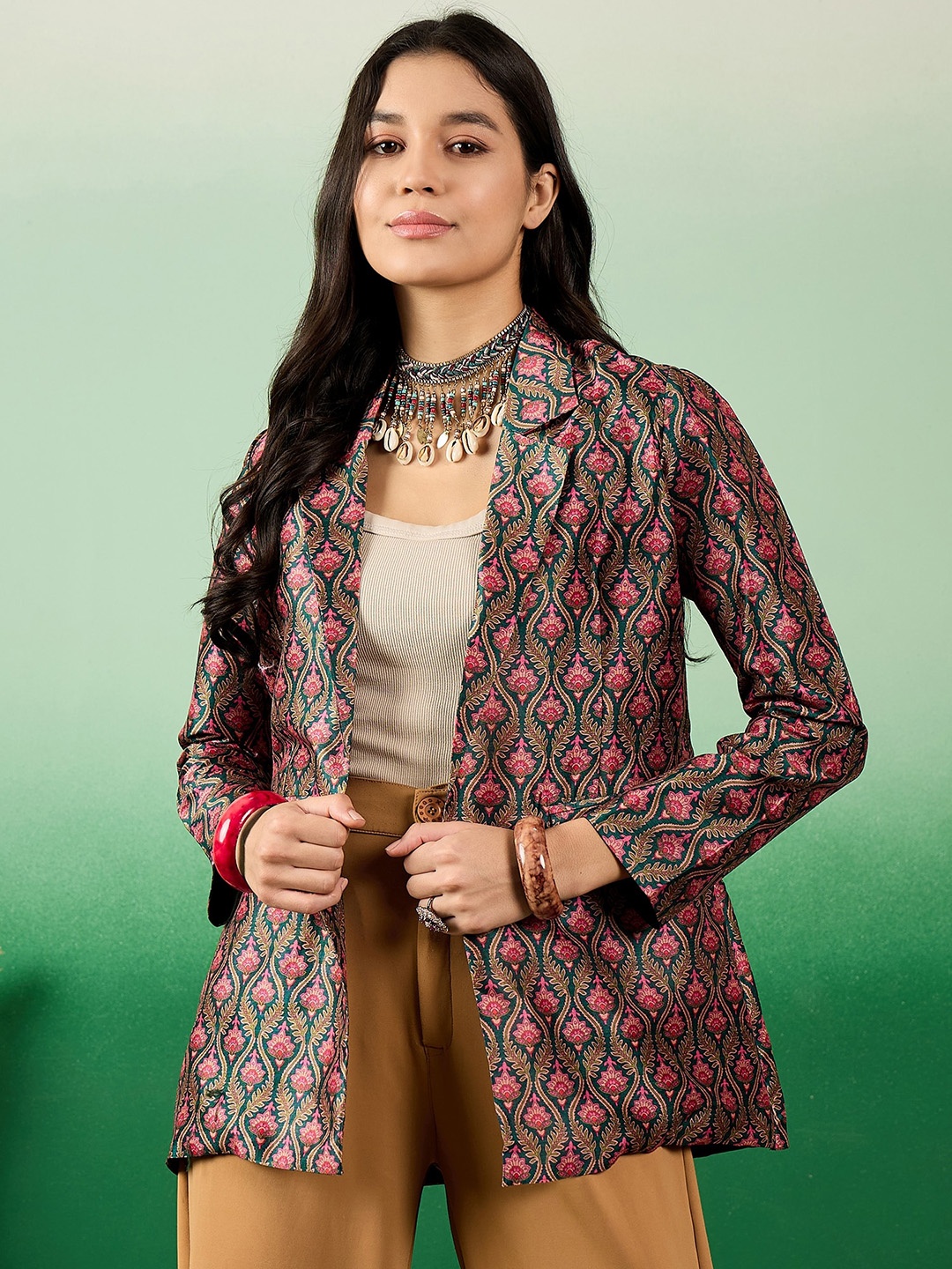 

Sangria Teal Green Printed Notched Lapel Open-Front Blazers